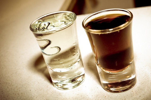 A close-up of two shot glasses, one with a clear liquid and one with a dark liquid.