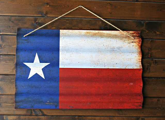 A wooden board painted in the colors of the Texas flag and hung by a string on a wooden wall.