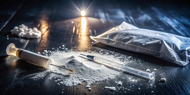 Needles, a bag of white powder, and a pile of white powder on a solid surface.