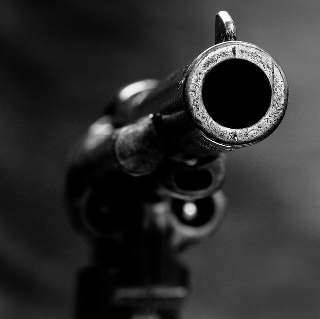 A black-and-white close-up photo of the muzzle of a pistol pointed at the camera.