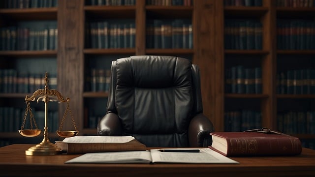 An empty office chair with a bookshelf behind it and a desk in front with paperwork and scales of justice.